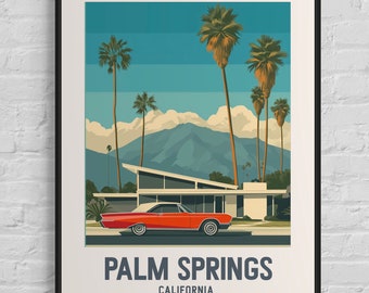 May include: A retro-style illustration of a red car parked in front of a mid-century modern house with palm trees and mountains in the background. The text "PALM SPRINGS CALIFORNIA" is at the bottom of the image.