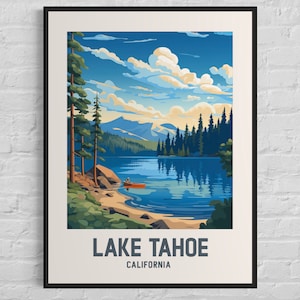 Impresión de arte del lago Tahoe - Paisaje retro de California, cartel de viaje, cartel de papel semibrillante DecoPremium de la pared del lago sereno