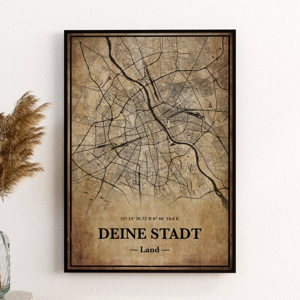 DEINE STADT Poster Personalisierbar Vintage I (3 Designs) - Personalisierte Stadtkarte, Stadtplan Koordinaten, Wunschort als Einzugsgeschenk