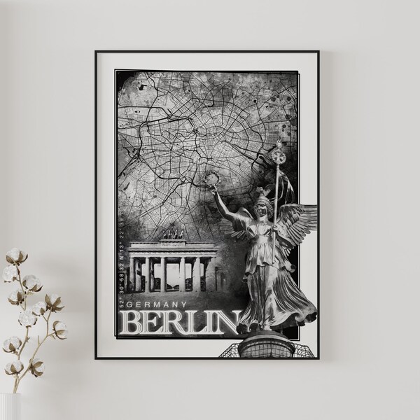 BERLIN Poster, Stadtkarte Wandbild, Reiseposter mit Koordinaten, Wandkunst