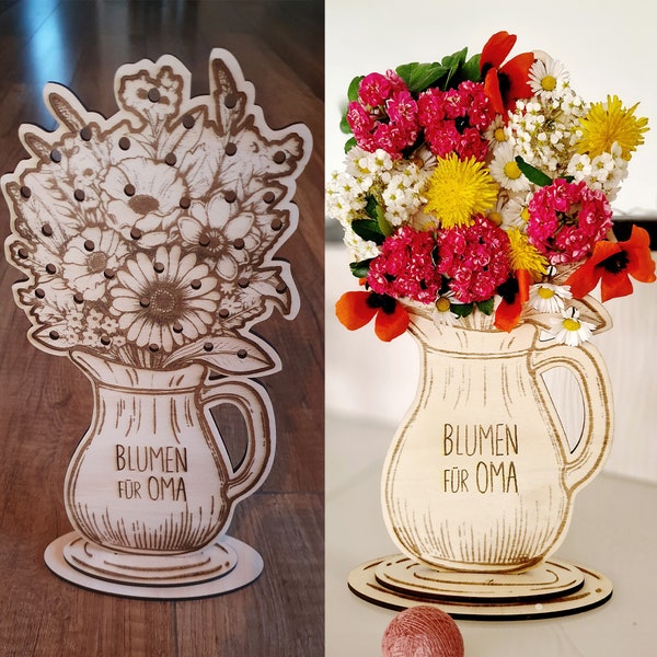 Blumenhalter aus Holz für Echtblumen, Wildblumen, Blumen für Oma/Mama, Geschenk vom Enkel/Kind, personalisierbarer Blumenständer