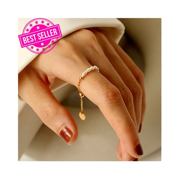Elegant French Vintage Pearl Chain Adjustable Gold Rings - Fashionable Finger Jewelry for Women
