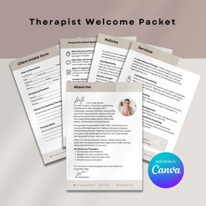 May include: A Therapist Welcome Packet with a Client Intake Form, Frequently Asked Questions, Policies, and Services. The packet includes information about the therapist, Dr. Alex Brown, and her approach to therapy. The design is beige and white.