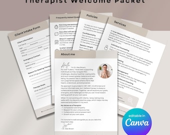 Könnte beinhalten: Ein Therapeuten-Willkommenspaket mit einem Kundenaufnahmeformular, häufig gestellten Fragen, Richtlinien und Dienstleistungen. Das Paket enthält Informationen über die Therapeutin, Dr. Alex Brown, und ihren Therapieansatz. Das Design ist beige und weiß.
