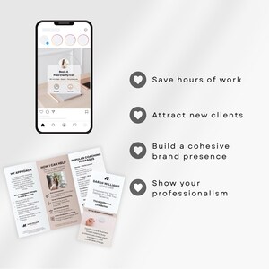May include: A smartphone displays a "Book A Free Clarity Call" screen. Beside it are brochures with text including "Sarah Williams Coaching" and "Popular Coaching Packages." The image also features text that says "Save hours of work," "Attract new clients," "Build a cohesive brand presence," and "Show your professionalism."