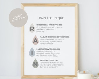 May include: A printable poster with a light brown background and a white frame. The poster features a light blue and gray raindrop design with the acronym RAIN and the text "RAIN TECHNIQUE". The poster explains the RAIN technique for managing difficult emotions, which stands for Recognize, Allow, Investigate, and Non-identification.