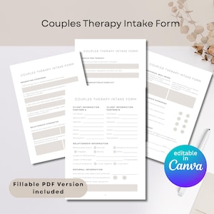 Couples Therapy Intake Form, Printable Marriage Counseling Forms, Client Documentation for Therapists, Counselors, Psychologists and Coaches