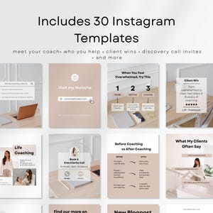 May include: A promotional image showcasing 30 Instagram templates. The templates feature a light beige background with text and graphics. The text includes phrases like "Visit my Website" and "Before Coaching vs After Coaching."