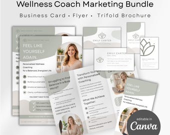 Wellness Coach Flyer, Business Card and Brochure Bundle, Editable in Canva