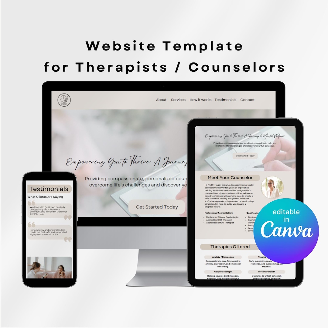 Mental Health Therapist Website Template Canva Professional ...
