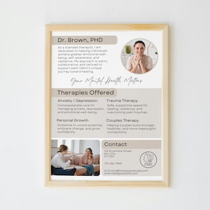 May include: A beige and brown flyer with the text "Dr. Brown, PHD" and "Your Mental Health Matters". The flyer lists different types of therapy offered, including anxiety/depression, trauma therapy, personal growth, and couples therapy. It also includes contact information for Dr. Brown.