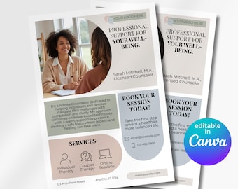 Counseling Flyer Template, Editable Therapy Marketing, Mental Health Services, Customizable Psychologist Design Canva