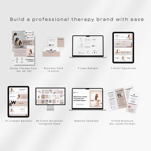 May include: A collection of digital marketing materials for a therapy brand, including a group therapy flyer, business cards, logo designs, email signatures, LinkedIn banners, Instagram posts, a website template, and a trifold brochure.