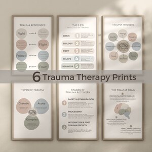 May include: Six framed prints with educational diagrams about trauma therapy. The prints feature text and graphics explaining trauma responses, triggers, and recovery stages. The title "6 Trauma Therapy Prints" is displayed at the bottom.