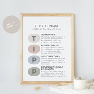May include: A printable poster with a white background and a wooden frame. The poster features the acronym "TIPP" in large, colorful letters, with each letter representing a different distress tolerance skill: Temperature, Intense Exercise, Paced Breathing, and Progressive Muscle Relaxation. The poster is a helpful tool for managing stress and anxiety.