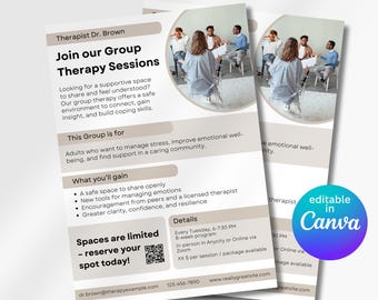 Group Therapy Flyer Template Canva, Editable Marketing Material for Counselor, Customizable Psychology Worksheet for Mental Health