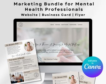 Mental Health Therapist Marketing Bundle Editable Canva Template Psychology Flyer Printable Business Card & Website Template for Counselors