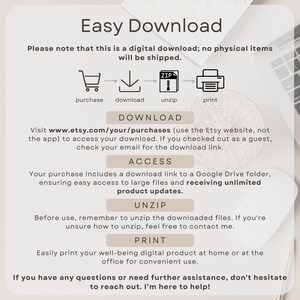 May include: A graphic with instructions on how to download a digital product from Etsy. The graphic includes icons for purchasing, downloading, unzipping, and printing. The text includes the website address www.etsy.com/your/purchases.