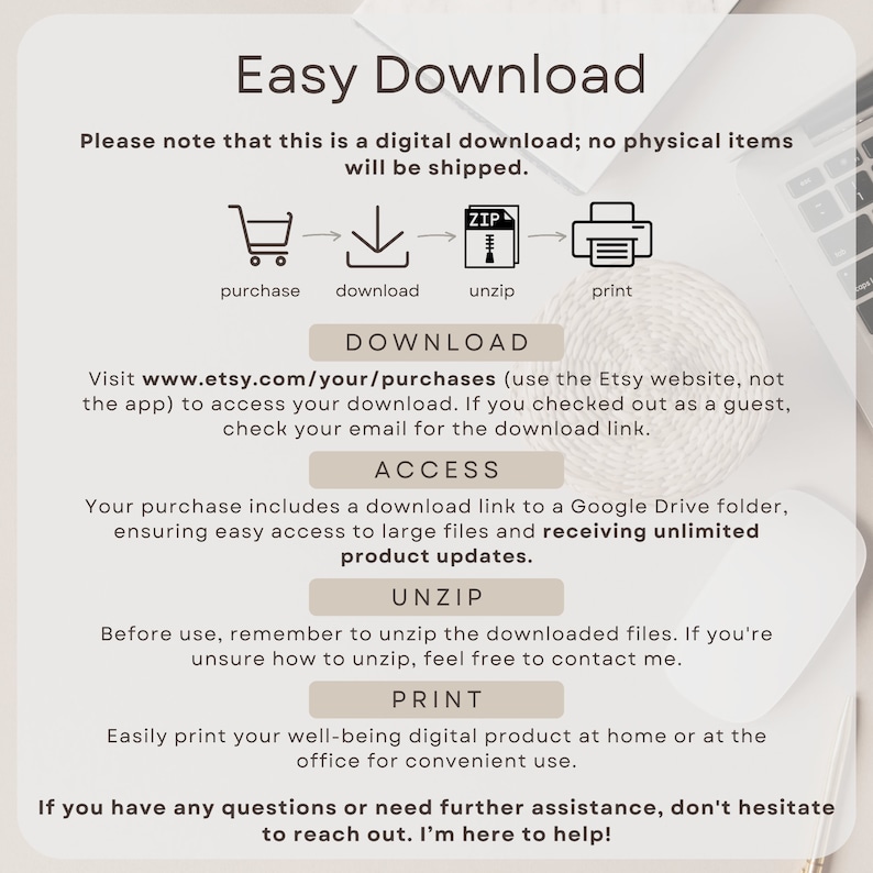May include: A graphic with instructions on how to download a digital product from Etsy. The graphic includes icons for purchasing, downloading, unzipping, and printing. The text includes the website address www.etsy.com/your/purchases.