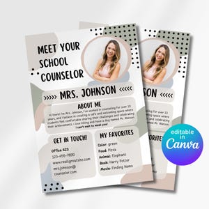 Puede incluir: Un folleto imprimible de presentación para un consejero escolar con una foto del consejero, un fondo abstracto verde, marrón y azul, y el texto "Conoce a tu consejero escolar" y "Sra. Johnson". El folleto incluye información de contacto y una sección titulada "Mis favoritos" con una lista de las cosas favoritas del consejero.