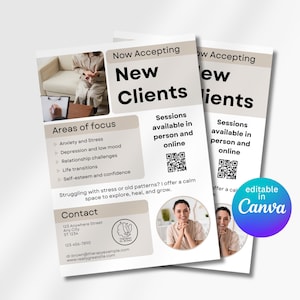 Può includere: Due volantini con il testo "Now Accepting New Clients". I volantini elencano le aree di interesse, tra cui ansia, depressione e problemi di relazione. Sono incluse anche informazioni di contatto e un codice QR. I volantini sono modificabili in Canva.