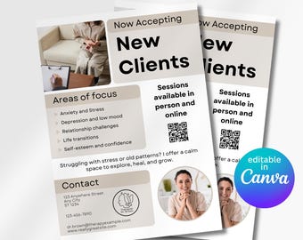 Now Accepting New Clients Flyer for Mental Health Therapists, Counselors and Coaches, Editable Business Template for Appointments Canva