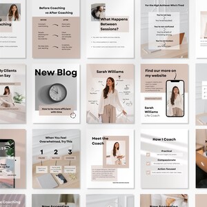 May include: A collection of marketing materials with a consistent design. The materials include text and images, with a focus on coaching services. The color scheme is primarily white, beige, and brown. The text includes phrases like "New Blog" and "Meet the Coach."