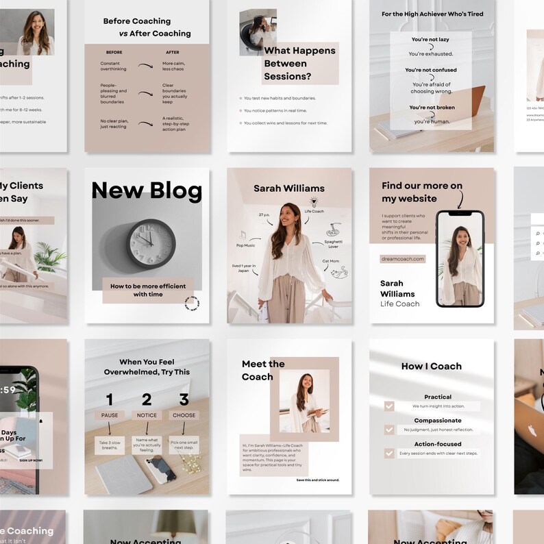 May include: A collection of marketing materials with a consistent design. The materials include text and images, with a focus on coaching services. The color scheme is primarily white, beige, and brown. The text includes phrases like "New Blog" and "Meet the Coach."