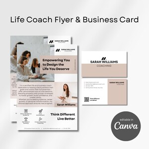 May include: A set of promotional materials for a life coach, including a flyer and business cards. The flyer features a photograph of women and the text "Empowering You to Design the Life You Deserve." The business cards display the coach's name and contact details.