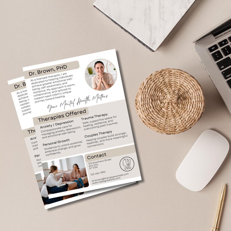 May include: A business card for a therapist, Dr. Brown, PHD. The card features a photo of Dr. Brown, a list of therapies offered, including anxiety/depression, trauma therapy, couples therapy, and personal growth, and contact information. The card has a light brown background with white text.