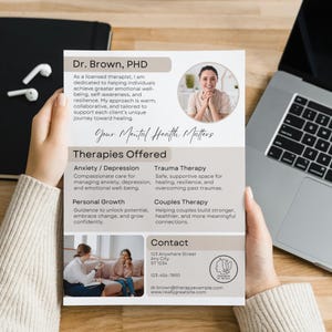 May include: A flyer for a therapist, Dr. Brown, PHD, offering services such as anxiety and depression therapy, trauma therapy, personal growth, and couples therapy. The flyer includes a contact address, phone number, and email address.