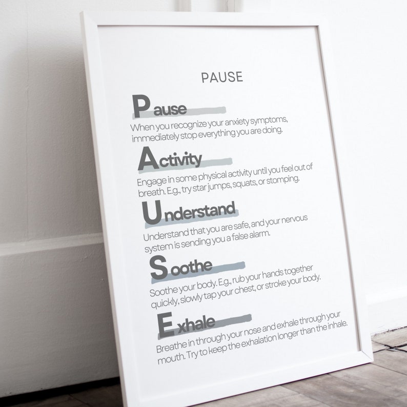 Pause Technique Poster, Pause for Panic Print, Stress and Anxiety ...