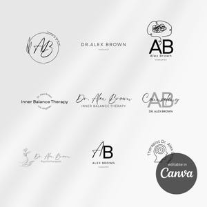 Könnte beinhalten: Eine Sammlung minimalistischer Logos in Schwarz und Weiß. Die Logos zeigen die Initialen "AB" und den Namen "Dr. Alex Brown" mit dem Wort "Therapeut". Einige Logos enthalten Strichzeichnungen von Blättern, einem Gehirn und einer Blume.