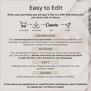May include: A digital download guide titled "Easy to Edit" with instructions on accessing and editing files in Canva. The guide includes steps for purchase, download, edit, and share, with a website link for downloads.