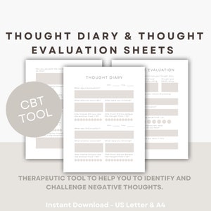 Thought Diary and Thought Evaluation CBT Worksheets Self-Reflection Psychologist Tool Counseling Resource Therapy Template