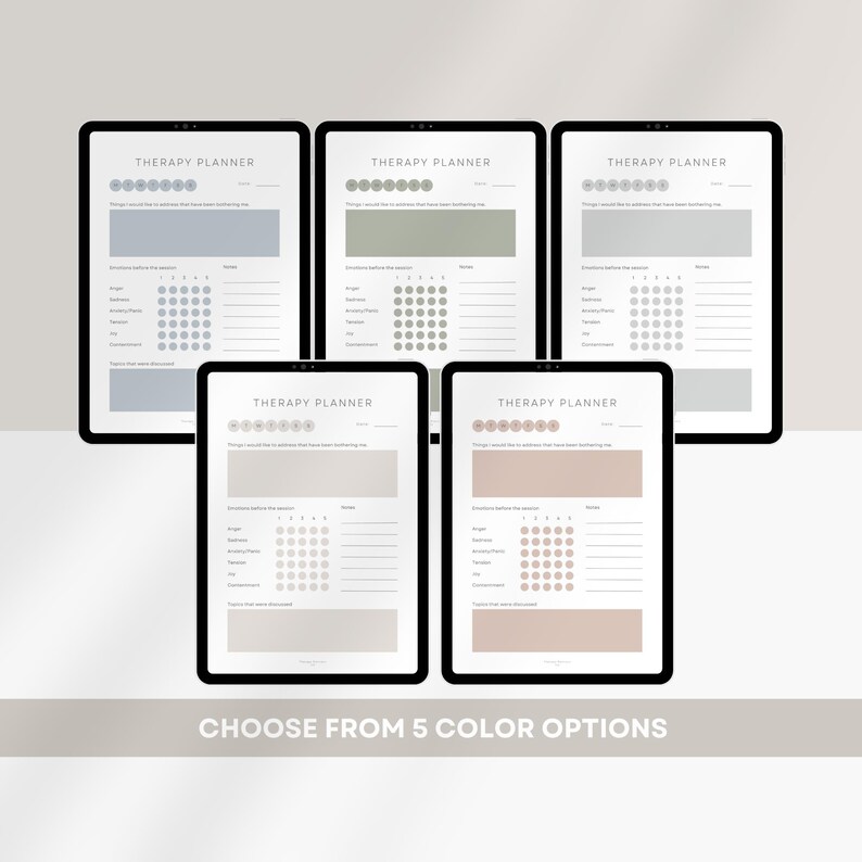 May include: Five digital tablet screens displaying a printable therapy planner with different color backgrounds. The planner includes sections for tracking triggers, coping skills, and mood.