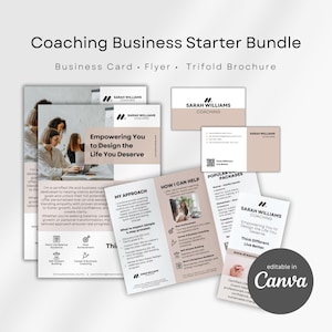 Coaching Business Starter Bundle: Life Coach Canva Templates Customizable, Flyer, Brochure and Business Card, Coaching Branding Kit Design