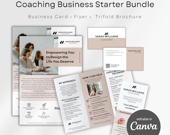 Coaching Business Starter Bundle: Life Coach Canva Templates Customizable, Flyer, Brochure and Business Card, Coaching Branding Kit Design