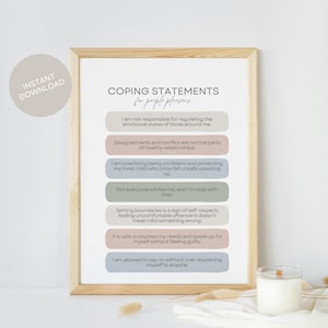 May include: A printable poster with the title "Coping Statements for People Pleasers" and a list of affirmations in a light blue, pink, and green color scheme.