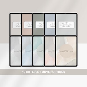 May include: Ten different cover options for a therapy journal and planner. The covers feature a variety of watercolor designs in shades of blue, green, pink, and brown. The text on the covers reads "My Therapy Journal & Planner" and "Therapy Journal & Planner".