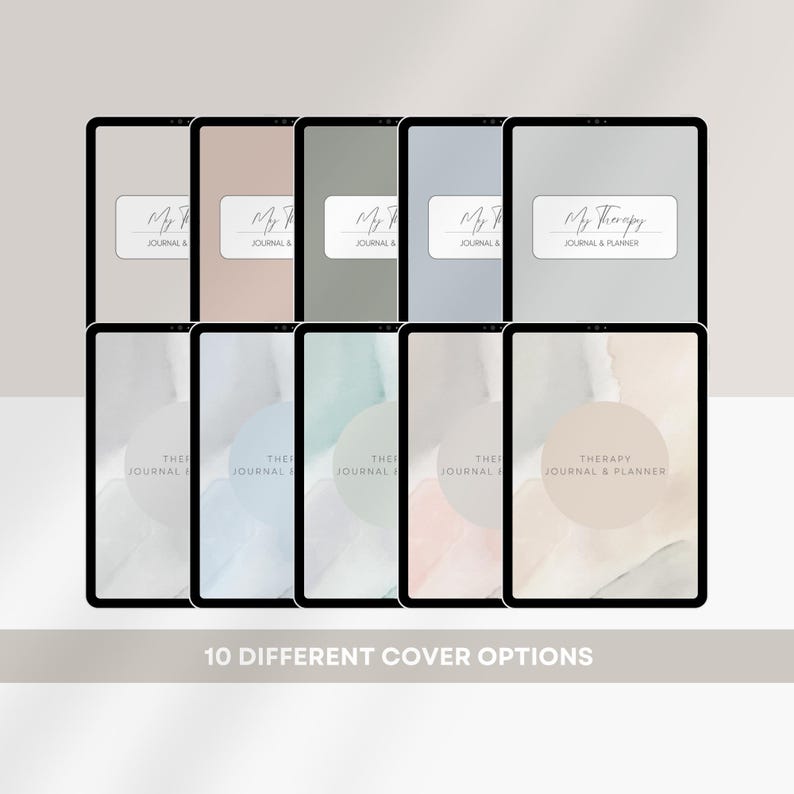 May include: Ten different cover options for a therapy journal and planner. The covers feature a variety of watercolor designs in shades of blue, green, pink, and brown. The text on the covers reads "My Therapy Journal & Planner" and "Therapy Journal & Planner".