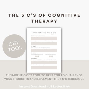 Challenge Negative Thoughts Worksheet CBT 3 C&#39;s Cognitive Behavioral Therapy Tool Printable Mental Health Worksheet CBT Coping Skills