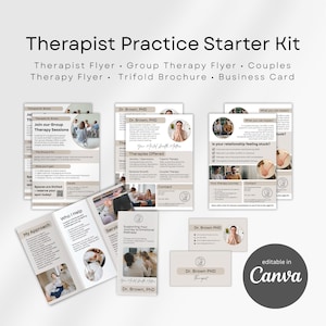 May include: A Therapist Practice Starter Kit with various marketing materials. Includes flyers, brochures, and business cards. The kit features the text "Therapist Practice Starter Kit" and "editable in Canva."