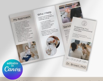Mental Health Therapist Brochure Editable Trifold Template Canva Customizable Marketing Flyer Design for Business
