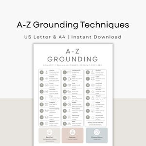 May include: A digital print titled A-Z Grounding Techniques featuring a list of somatic exercises from A to Z. The document includes text labels for US Letter and A4 sizes, with icons for each grounding step and three bottom boxes for guidance.