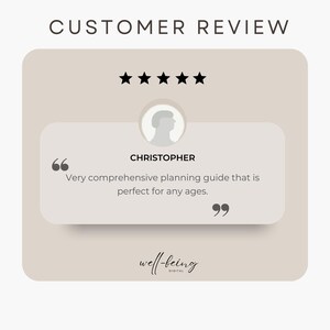 May include: A customer review with a five-star rating and a quote from Christopher: "Very comprehensive planning guide that is perfect for any ages."