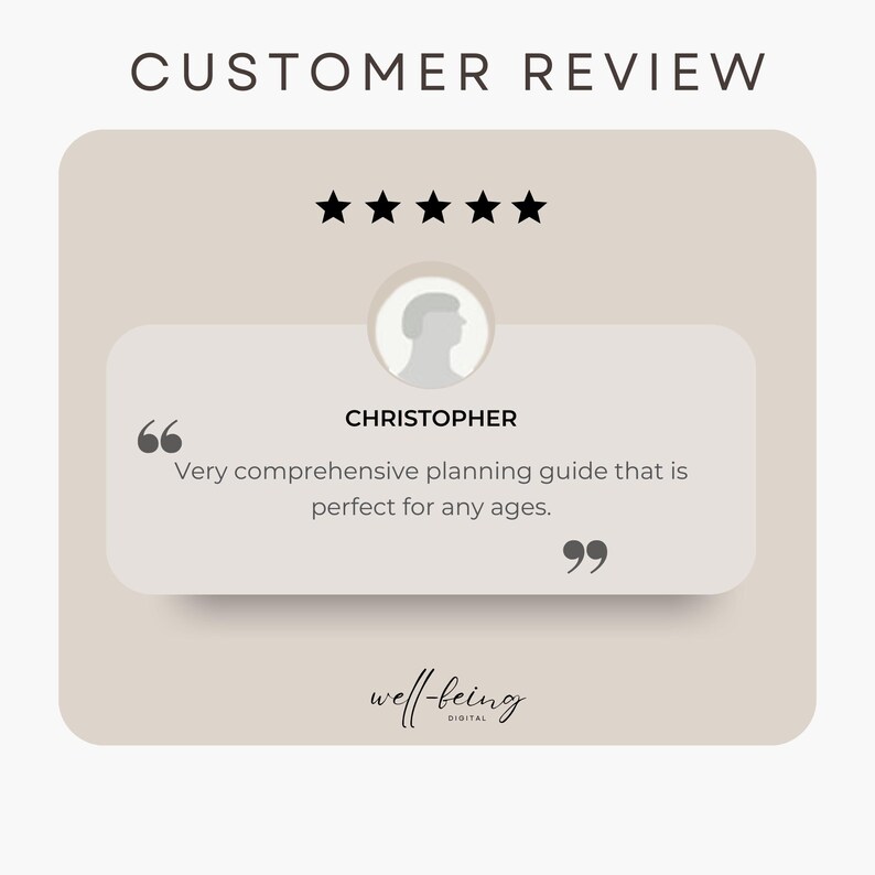 May include: A customer review with a five-star rating and a quote from Christopher: "Very comprehensive planning guide that is perfect for any ages."
