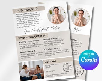 Mental Health Therapist Flyer Editable Canva Template Instant Access Business Marketing Material for Counselor Customizable Psychology Flyer