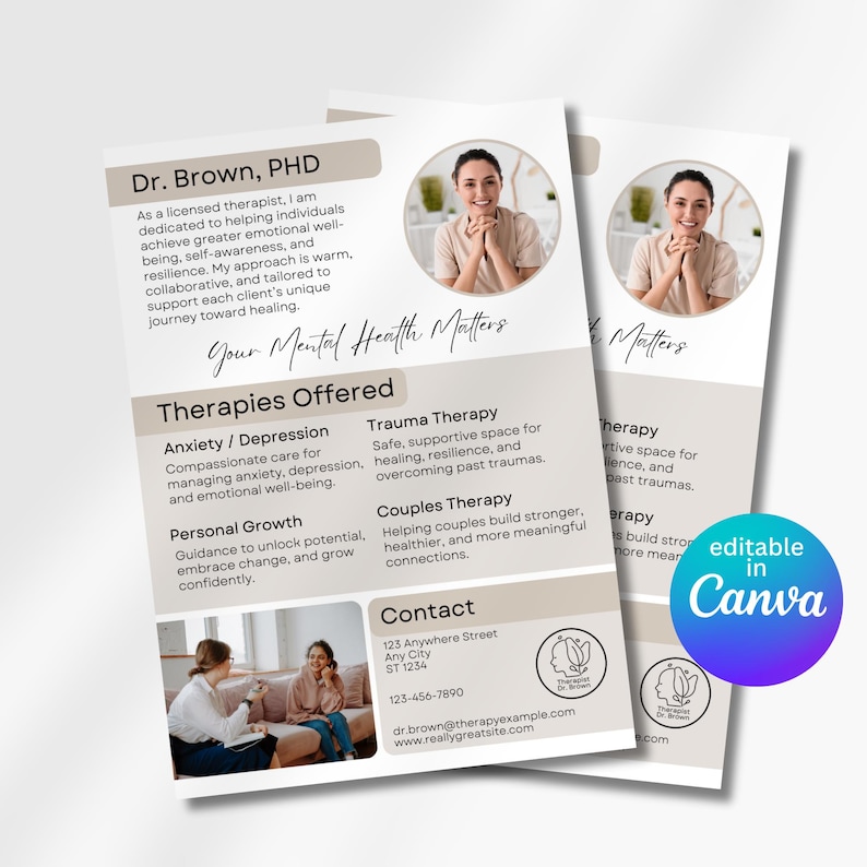 May include: A beige and brown business card with a photo of a smiling woman. The card features the text "Dr. Brown, PHD" and "Your Mental Health Matters". The card lists various therapy services offered, including anxiety/depression, trauma therapy, couples therapy, and personal growth. The card also includes contact information for Dr. Brown.