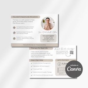Puede incluir: Dos tarjetas de marketing de terapia rectangulares con detalles en beige y blanco. Las tarjetas incluyen texto como You don't have to do this alone, Therapy for Real Life y Let's Connect, junto con una foto circular y un código QR.